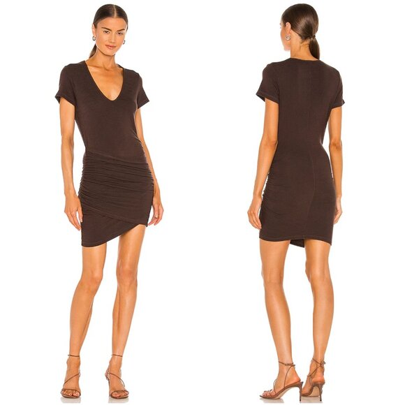 MONROW Supersoft Front Wrap Dress in Cocoa Brown Asymmetrical size M Ruched - Picture 13 of 13